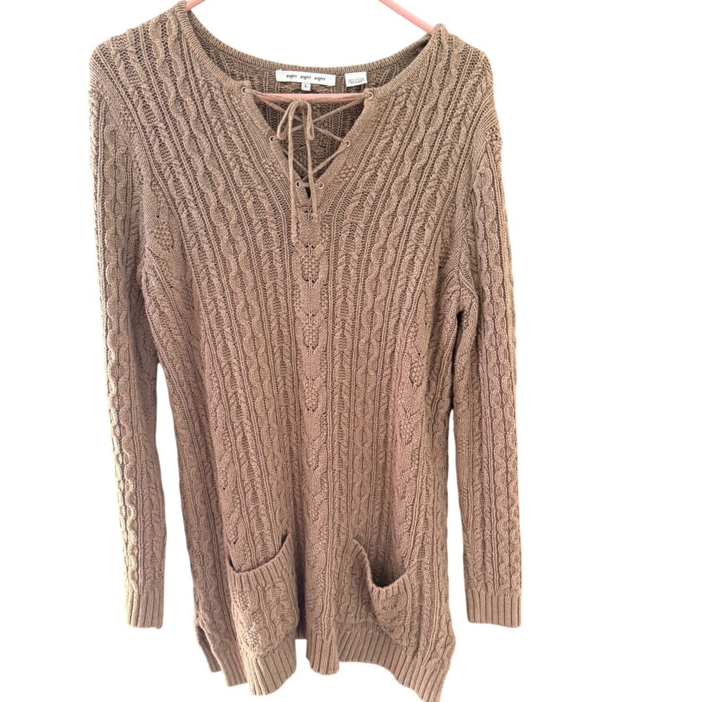 Eight Eight Eight Y2k Womens Taupe Brown Cable Knit Lace Up Tunic Sweater Large
